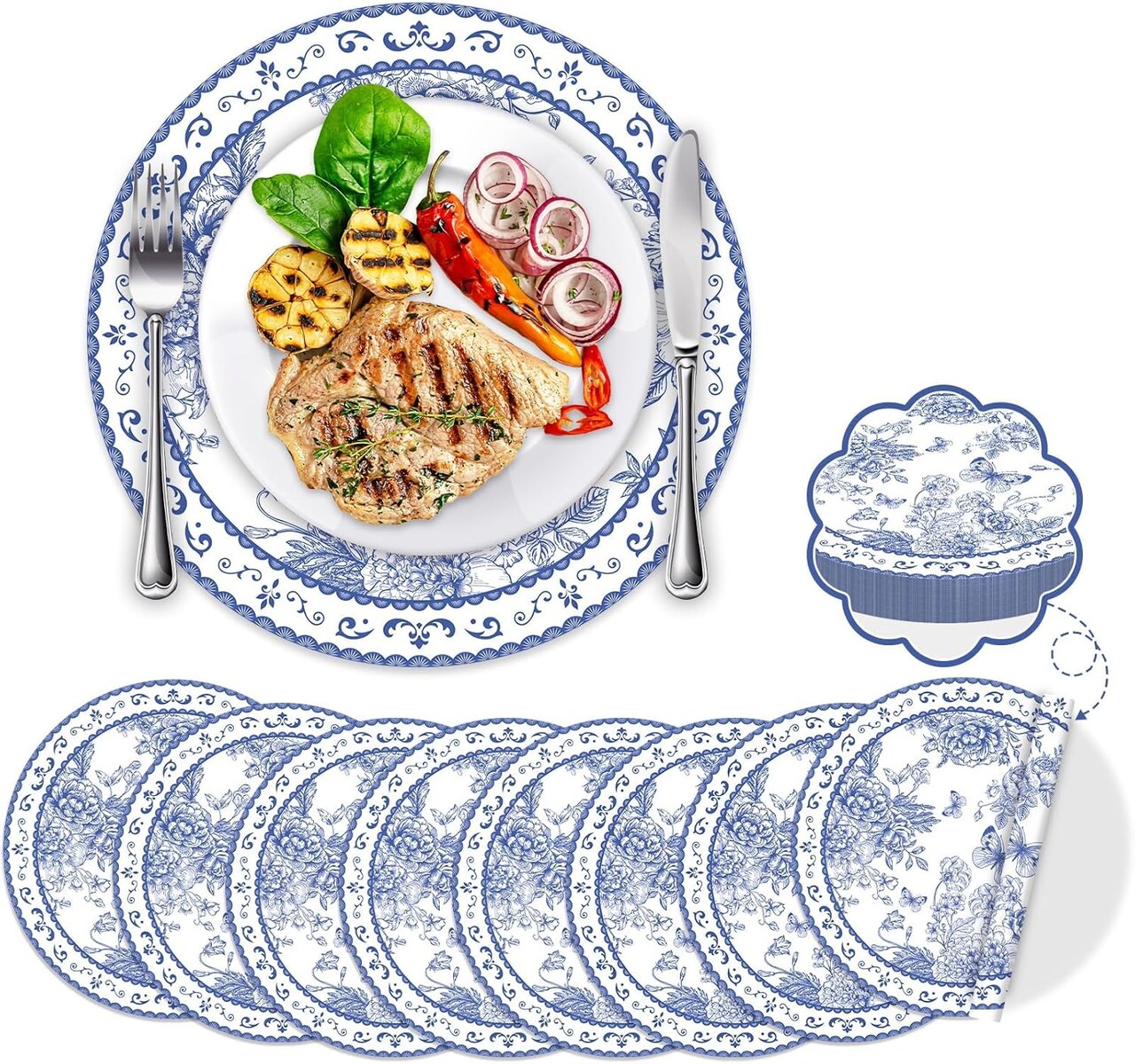 60PCS Blue Floral Paper Place Mats Disposable Vintage Blue Flower Placemats Chinoiserie Round Table Mat Spring Setting for Bridal Tea Wedding Birthday Party Supplies Dining Table Decor